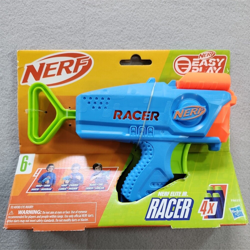 NERF Elite Junior Racer Easy Play Dart Blaster, 4 Small, Green, Blue & Orange